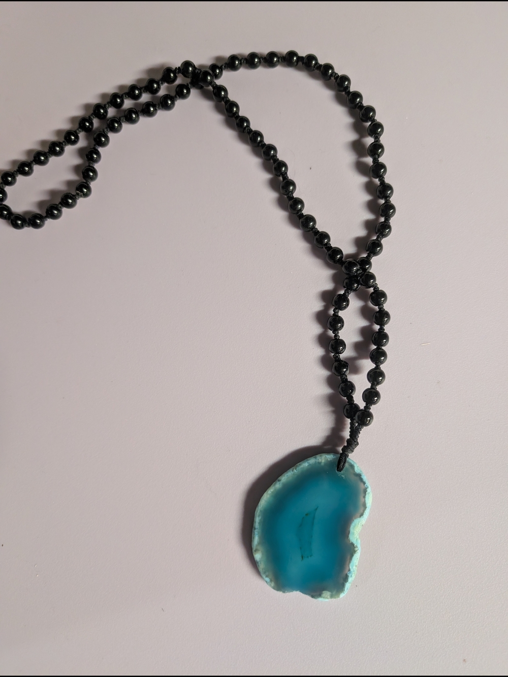Handmade Blue Agate Pendant Necklace with Black Beaded Cord